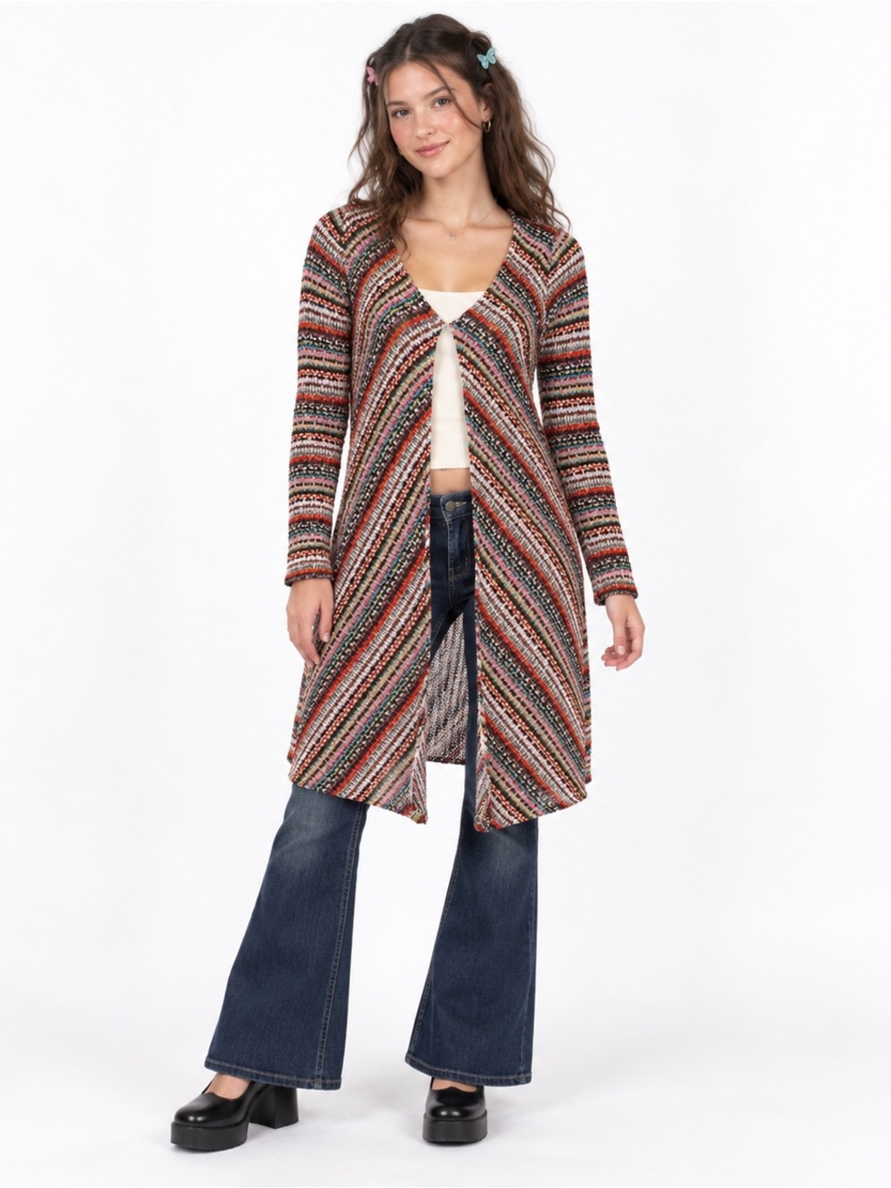 Vintage Y2K Longline Duster Cardigan Multicolour Chevron Knit XS/Sm Boho
